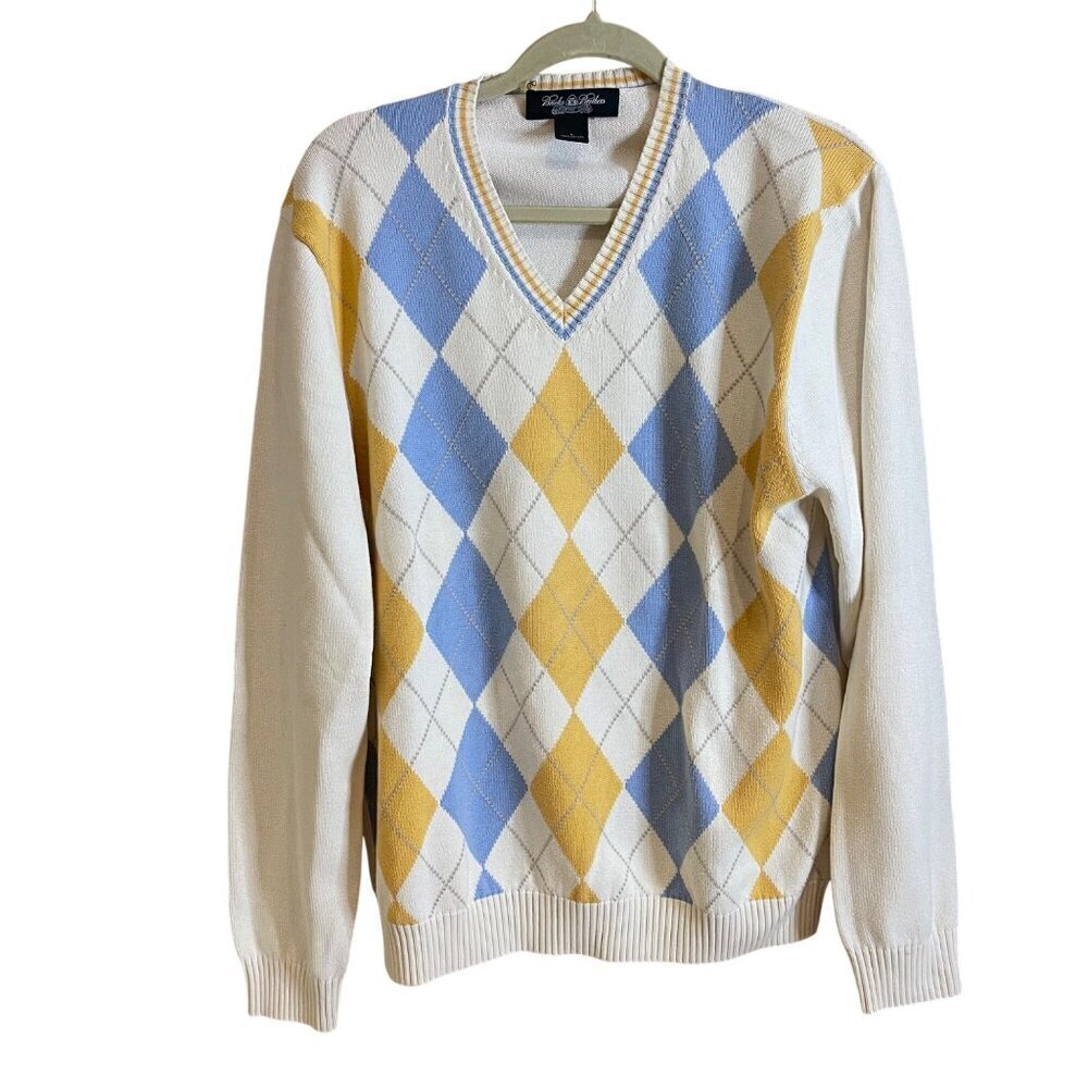 Brooks Brothers Vintage Mens Sweater Size Large Cream Argyle Pure Cotton